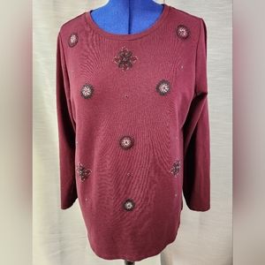 Susan Graver Weekend french terry embroidered rhinestone long sleeve stretch